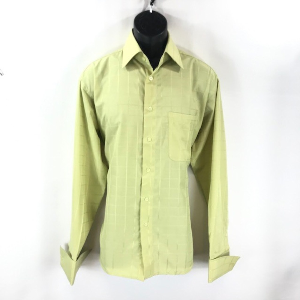 Bruno Conte Men Green Dress Shirt French Cuff Checkered Pattern Size 15.5 34/35